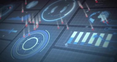 Mavi parıltı holografik gösterge panellerini çalıştırıyor ve görsel verileri üst üste sıralayan ikili kod. Fütürist, teknoloji, dijital, gösterge paneli, arayüz, siber, veri