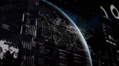 Karanlık uzay, Dünya 'nın kablo çerçevesini oluşturmaya başlıyor ortaya çıkan ızgaralar soluyor, güneş parlıyor, küresel bağlantıları haritalıyor. Futuristik, teknolojik, dijital, gezegensel, ağ, görselleştirme, soyut