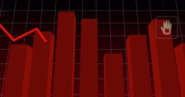 Koyu 3D ızgara kırmızı çubukları etkinleştiriyor, ekolojik simgeler yükselen eğilimleri gösterirken çizgileri takip ediyor. Veri görselleştirme, analitik, sürdürülebilirlik, çevresel etki, dijital arayüz, geleceksel, bilgi grafikleri