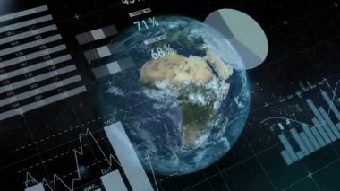 Dünya 'nın ortaya çıkması veriyi canlandırmak için grafikler canlanırken kaydırma tablolarını ve göstergeleri güncellemeyi tetikler. Gelecekçi, analitik, veri görselleştirme, parlak, dijital, teknoloji, bilgi