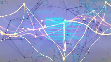 Menekşe-mavi gradyan üzerinde ağ açılıyor, hareket eden düğümler veri için kodları birbirine yaklaştırıyor. Dijital, görselleştirme, geleceksel, teknoloji, veri, matris, grafik