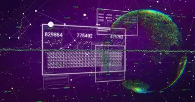 Mor ağ oluşturma klavye görünen numaralar güncelleme ve küre döndürme verileri gösteriyor. Teknoloji, veri, dijital, görselleştirme, yenilik, analitik, fütüristik
