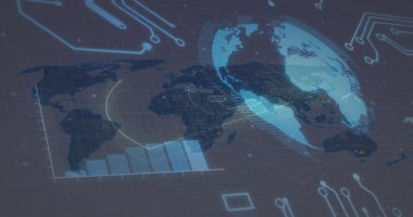 Şebeke ortaya çıkıyor, düz dünya haritası ve 3D dünya küresi dönüyor, iz sürme kavisleri, yükselen çubuklar eğilimleri görselleştiriyor. Veri, bağlantı, teknoloji, dijital, analiz, yenilik, ağ