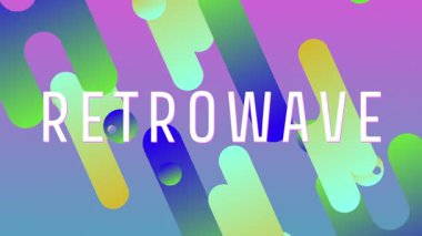 Yeşil alan başlatılıyor, gradyan haplar ve küreler alınıyor, RETROWAVE metin kaydırma arkaplanı ortaya çıkıyor. Soyut, dijital sanat, canlı, hareketli, fütüristik, dinamik, renkli