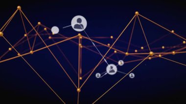 Altın ağlar açılıyor, beyaz avatar simgeleri fırlatılıyor, titreşim hatlarını birbirine bağlıyor ve ağ büyümesini sağlıyor. Fütürist, dijital, bağlantı, görselleştirme, soyut, teknoloji, yenilik