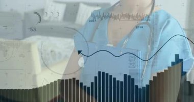 Doktorun elinde klasör tuttuğunu ve animasyon sağlık grafikleri olarak kendine güven topladığını gösteren yakın plan. Tıbbi, mesleki, sağlık, veri, analitik, teknoloji, sağlık