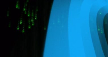 Düşen yeşil kod akışları mavi yay genişlerken örgü giderek kayboluyor ve tünel etkisi yaratıyor. Siber uzay, dijital, fütüristik, neon, soyut, teknoloji, matris