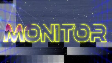 Yıldız sahasında oluşan neon MONITOR metinlerini gösteren açılış, ağ bağlantıları çift elmaslar. Fütürist, soyut, dijital, canlı, teknoloji, yenilik, siber