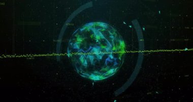 Arayüz açılıyor. Küre döndürme halkaları çalıştırılıyor. Dönen dalgalar dönüyor. Fütürist, teknoloji, soyut, dijital, yenilik, siber, veri görselleştirme