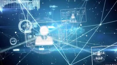 Mavi boşluğa sürüklenen saydam veri panelleri, titreşen ve harita ağı büyümesine bağlanan simgeler. Fütürist, dijital, bağlantı, teknoloji, görselleştirme, soyut, sanal