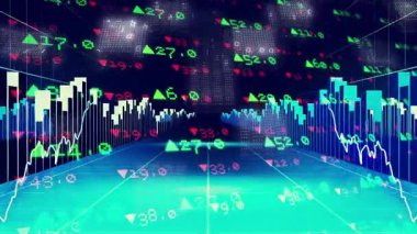 Fırlatma 3D çubuğunda titreşen oklar, süzülen oklar, pazar eğilimlerini gösteren çizgi çizimi. Dijital, analitik, fütüristik, veri, görselleştirme, teknoloji, finansal