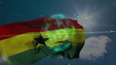 Gana bayrağını sallayarak dönen küre ve dalga şeklini markalaştırıyor. Vatanseverlik, yenilik, teknoloji, bağlantı, fütürizm, dijital alarm, milliyet