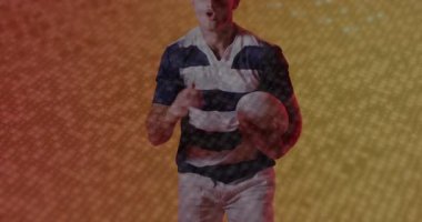 Erkek atlet koşuya başlıyor, topu yakalıyor, sporda kırmızı-sarı arka plana pas atıyor. Spor, performans, dinamizm, enerji, hareket, fütüristik, canlı