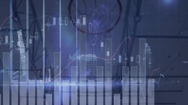 Piyasa besleme çubukları finans alanında yükseliyor UI şamdanlar hareket halindeler ve düş kapanı etrafında yerleşiyorlar. Finansal, analitik, parlak, teknoloji, iş dünyası, modern, soyut