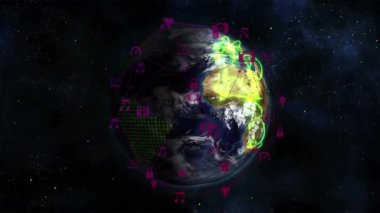 Magenta simgeleri Dünya 'nın etrafında dönüyor, neon yeşil yay dokuyor ve bağlantı gösteriyor. Teknoloji, bağlantı, küresel ağ, dijital, siber alan, yenilik, veri transferi
