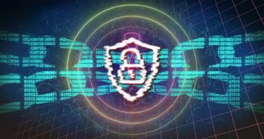 3 boyutlu ızgara genişliyor, halkalar ve kod akışları hareket ediyor, kalkan titreşiyor kilit sabitleyicisi verileri koruyor. Siber güvenlik, veri koruması, dijital güvenlik, şifreleme, fütüristik, teknolojik yenilik, soyut