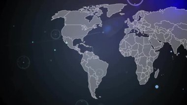 Harita zayıflıyor, bölgeleri birbirine bağlayan çizgiler, parçacık titreşimi, ışıltılı görselleştirme ağı. Futuristik, ağ, bağlantı, dijital, teknoloji, küresel, soyut