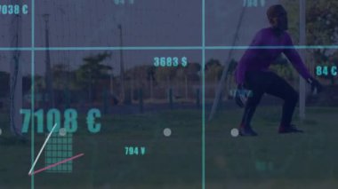 Kalecinin hareketli duruşu ve hareketli finansal grafiği dalış ve top yakalama sırasında harekete geçiyor. Sporcu, spor, analitik, dijital, açık hava, rekabetçi, performans