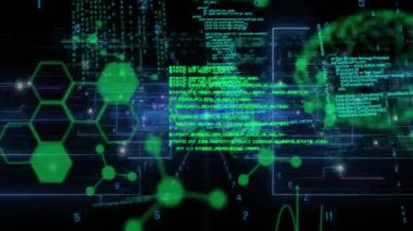 Altıgen düğümlerle dolu tuval, dışarıya doğru giden kablo çerçeveli beyin verileri ile birleşen bir kod oluşturuyor. Dijital, fütüristik, soyut, teknoloji, ağ, yenilik, bağlantı