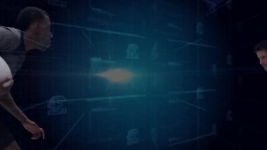 Top taşıyıcı ve yakalayıcı dijital ızgara arenasından yaklaşıyor ve finans için pound sembolü oluşturuyor. Gelecek, rekabet, teknoloji, dinamik, dijital, atletizm, sanal