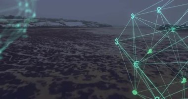 Sahil şeridi dijital ağ oluşturmaya başlıyor. Darbeli para düğümleri ve simgeler veri akışını görselleştiriyor. Fütüristik, soyut, teknoloji, veri görselleştirme, finans, bağlantı, dijital