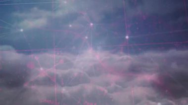 Pembe-beyaz düğümler bulutların üzerinde şekilleniyor ve ağ genişleyip veri akışını gösteriyor. Fütürist, dijital, soyut, teknoloji, bağlantı, ruhani, yüksek teknoloji