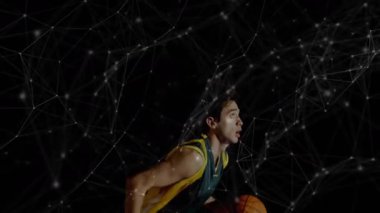 Basketbolcu, top sürmeyi başlatmak için dizlerini bükerek teknik gösteride smaç basıyor. Atletik, yenilikçi, dijital, hareket, spor, fütüristik, dinamik