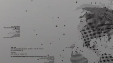 Başlangıçta dijital küre dönüyor, parçacıklar ve yüzen kapsüller yayıyor, veri akışını temsil ediyor. Soyut, fütüristik, dijital, teknoloji, ağ, dinamik, sürükleyici