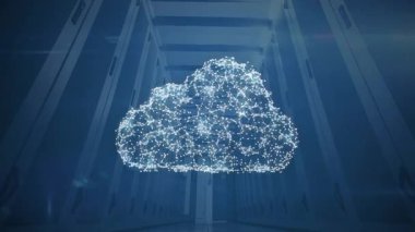 Bulut oluşturan asma kilide bağlanan raflar arasında beliren ışık noktaları veri güvenliğini işaret ediyor. Teknoloji, siber güvenlik, dijital, yenilik, soyut, bağlantı, fütüristik