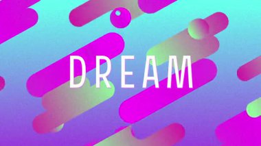 Beyaz DREAM metninde kayboluyor mor arkaplan üzerinde titreşiyor gradyan çubuklar ve daireler kayıyor. Soyut, dijital, enerjik, fütürist, hareketli, dinamik, renkli