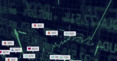 Finansal şebekeye tırmanan pürüzlü yeşil çizgi grafiği tebliği takip eden bilgilendirme simgeleri üretiyor. Analizler, gösterge panelleri, dijital, teknoloji, veri, büyüme, yenilik