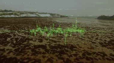 Sessizliğin ardından, yeşil dijital dalga formu haliçlerin üzerinde kayboluyor, titreşiyor ve verileri gösteriyor. Doğa, dijital, manzara, veri görselleştirme, karamsar, hava, teknoloji