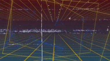 Beyaz arızalı bant sarı kablo tünel, pikselli objeler ve mavi hat izleme sisteminde görünüyor. Fütürist, dijital, kablo, soyut, teknoloji, siber, arıza