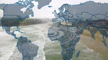 Dünya haritasında kaybolan gri kaplama desenlerini dolduran ve veri akışını gösteren ana hatlar. Haritalama, bağlantı, teknoloji, telekomünikasyon, veri görselleştirme, dijital arayüz, soyut