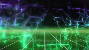 Izgara hatları birleştiğinde, parlamaya başlar, mor turkuaz mavi devreler, titreşim düğümleriyle şekillenir. Soyut, fütürist, siber, teknoloji, dijital, ağ, canlı