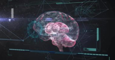 Pembe holografik beyin modeli karanlık HUD panelinde görünüp dönüyor ve nöral yollar gösteriyor. Nöral ağ, fütürizm, veri görselleştirme, kavrayış, yenilik, teknolojik, nörobilim