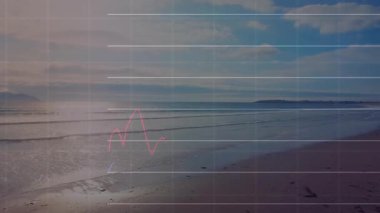 Borsa eğilimlerini gösteren çubuklarla kırmızı ve mavi çizgiler çizerken şebeke çizgileri zayıflıyor. Deniz manzarası, veri görselleştirme, analitik, finansal tablolar, sakin ortam, teknoloji, modern tasarım