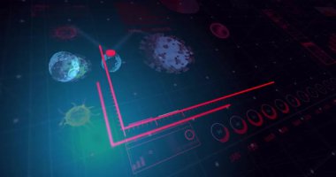 Neon kırmızı baltalar canlanıyor, çubuklar aylık veri noktalarına doluyor, ok yukarı doğru ilerliyor, virüs sürükleniyor. Biyomedikal, veri görselleştirme, fütüristik, bilimsel, bilgi, teknoloji, sağlık