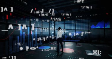 Kontrol odasında holografik çizelgeler ve yüzen sembollerle veri analisti analiz ediyor. Futuristik, teknoloji, veri, yenilik, analitik, dijital, profesyonel