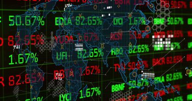 Harita ana hatları üzerinde hisse senetleri ve yüzde değerlerini gösteren finansal gösterge paneli gösteriliyor. Finansal, analitik, neon, teknoloji, veri, dijital, ağ