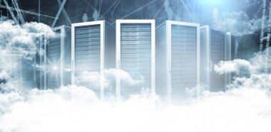 Merkezi sunucu dolapları parlayan kapılar ve ikili kodlu düz dizayn bulut sahnesinde yüzüyor. Fütüristik, teknoloji, ağ, dijital, bulut hesaplama, veri depolama, yenilik