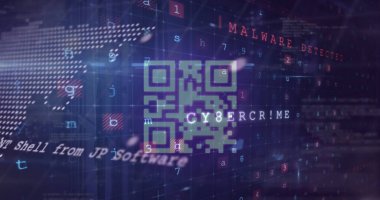 Neon-yeşil QR kodu devre şebekesinde dünya haritasında arıza yapıyor, kod parçaları ve kötü amaçlı yazılım uyarıları var. Siber güvenlik, dijital, teknoloji, veri, ağ, hack, fütürist
