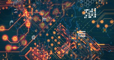 Gösterge panelinde küresel ağ görselleştirmesi gösteriliyor, devre izleri ve parlayan düğümler gösteriliyor. Teknoloji, bağlantı, fütüristik, veri, siber alan, dijital, yenilik