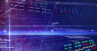 Holografik ekranda, ızgara, ikili, yüzdeler, kalp pilleri ve grafiklerle birlikte finansal veriler yayınlanıyor. Teknoloji, analitik, fütürizm, dijital, veri, arayüz, iş