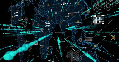 Teknolojik torpido gözünde neon-mavi çizgileri ve düğümleri olan, deniz mavisi veri akışları olan dünya haritası gösteriliyor. Fütürist, dijital, teknoloji, ağ, görselleştirme, soyut, bağlantı