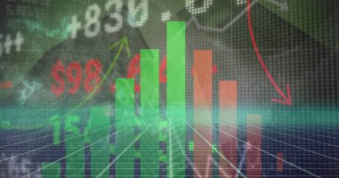 3 boyutlu çubuk kümesi yükseliyor, sonra dolar, sayı ve ok ile şebeke düzlemine düşüyor. Finans, analitik, veri, görselleştirme, teknoloji, dijital, yatırım