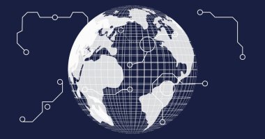 Koyu mavi alanda yüzen kıta şekilli, devre düğümlü telli küre görüntüleniyor. Teknoloji, bağlantı, ağ, dijital, yenilik, fütüristik, siber uzay