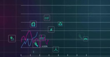 Izgara örtüsü görünen kıvılcım simgesi hizalaması ve renkli eğriler çevresel ölçümleri canlandırıyor. Veri, analitik, sürdürülebilirlik, eko verimlilik, görselleştirme, yenilik, çevrecilik