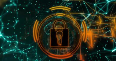 Titreyen deniz mavisi düğümleri küre oluştururken halkalar içe doğru dönüyor ve asma kilidi ortaya çıkarıyor ve veri topluyor. Siber uzay, güvenlik, dijital, teknoloji, koruma, yenilik, ağ