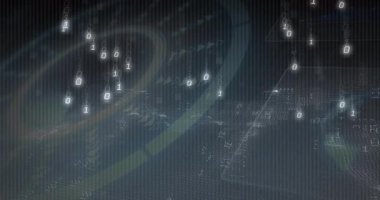 İki haneli basamakları süpüren yay ve üç boyutlu ağ alanı oluşturan ağ örgüsü olarak dönen veri çemberi. Teknoloji, yenilik, dijital, fütüristik, soyut, görselleştirme, veri